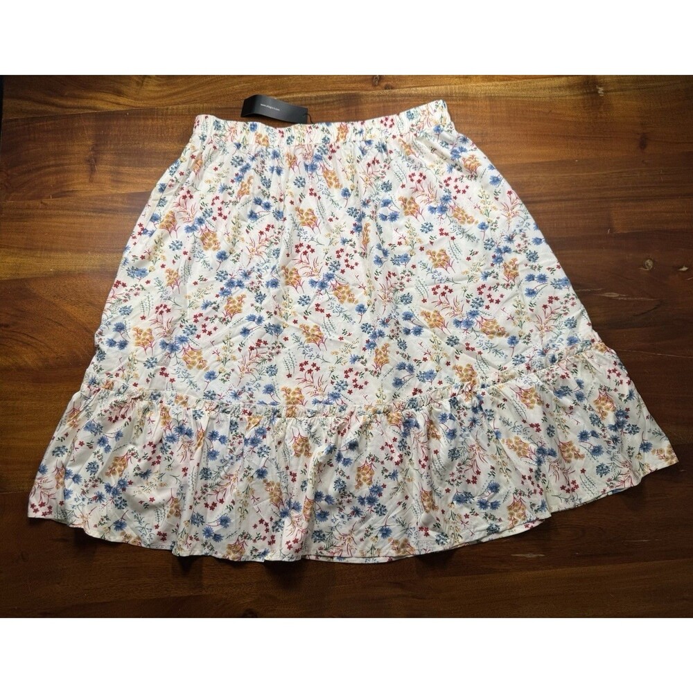 Allegra K Floral Knee Length Skirt XL White Blue Boho Ruffle Elastic Waist NWT